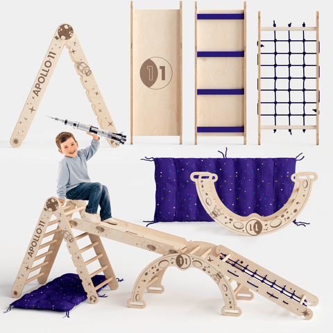 Apollo 5-in-1 Kletterset: Pikler-Dreieck, Kletterbogen, Rutschbrett, Kissen und Netz für kleine Astronauten