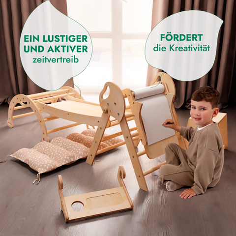 5-in-1 Montessori Kletterdreieck – Indoor & Outdoor Set für Babys & Kleinkinder mit Pikler-Dreieck, Bogen, Rutschbrett & Kissen | Goodevas®