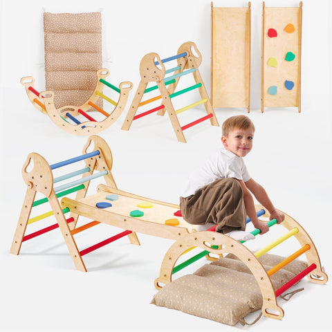 4in1 Montessori-Kletterset: Pikler-Dreieck, Kletterbogen, Rutschbrett und Kissen für Kleinkinder (1–3 Jahre) – Regenbogen-0