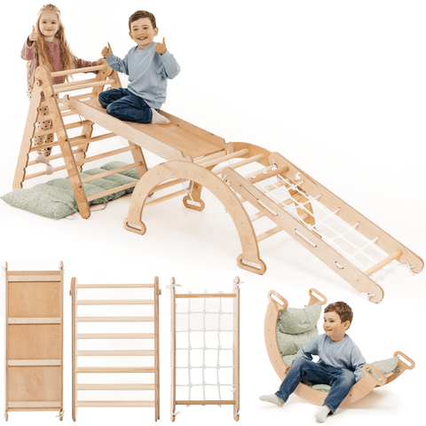 5in1 Montessori Klettergerüst Set: Kletterdreieck mit Rutsche, Kletterbogen, Kletternetz und Kissen, für Kinder 1-7 Jahre – Beige-5