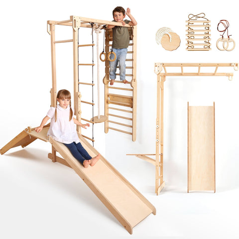7-in-1 Dschungel-Spielset für Kinder: Sprossenwand + Kletterstange + Schaukelset + Rutsche + Kletterrampe-0