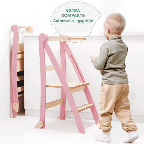 Holz Lernleiter Montessori: Multifunktionaler, klappbarer Lernturm für Kinder – Rosa-3