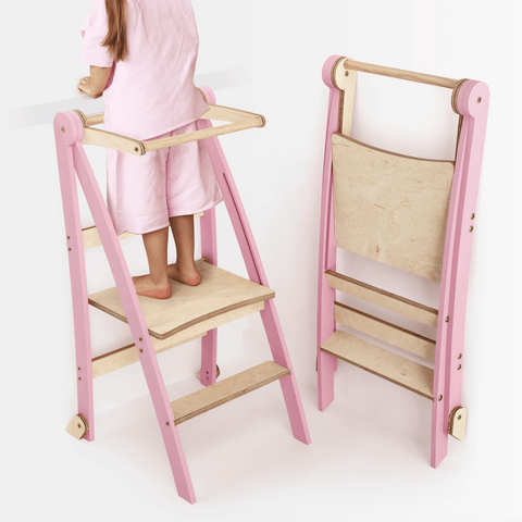 Holz Lernleiter Montessori: Multifunktionaler, klappbarer Lernturm für Kinder – Rosa-0