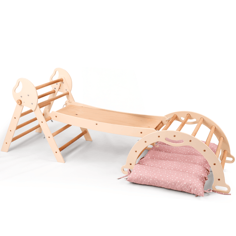 4-in-1 Montessori Kletterdreieck – Indoor & Outdoor Set für Kleinkinder mit Rutschbrett, Bogen & Kissen – Beige | Goodevas®