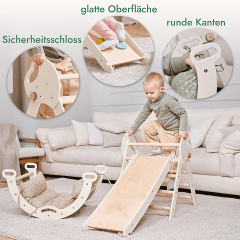 4-in-1 Montessori Kletterdreieck – Indoor & Outdoor Set für Kleinkinder mit Rutschbrett, Bogen & Kissen – Beige | Goodevas®