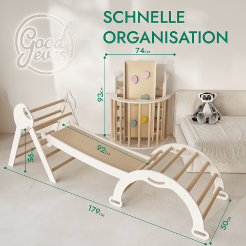 4-in-1 Montessori Kletterdreieck – Indoor & Outdoor Set für Kleinkinder mit Rutschbrett, Bogen & Kissen – Beige | Goodevas®