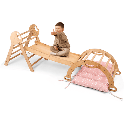 4-in-1 Montessori Kletterdreieck – Indoor & Outdoor Set für Kleinkinder mit Rutschbrett, Bogen & Kissen – Beige | Goodevas®