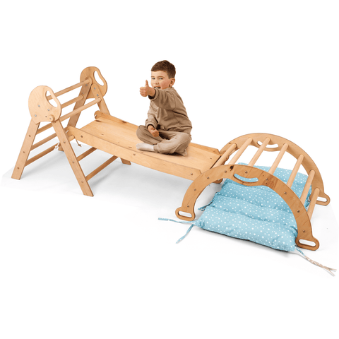 4-in-1 Montessori Kletterdreieck – Indoor & Outdoor Set für Kleinkinder mit Rutschbrett, Bogen & Kissen – Beige | Goodevas®