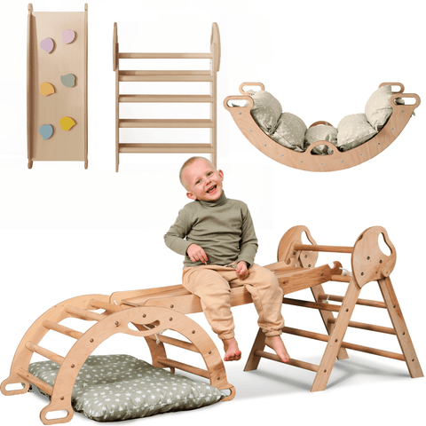 4-in-1 Montessori Kletterdreieck – Indoor & Outdoor Set für Kleinkinder mit Rutschbrett, Bogen & Kissen – Beige | Goodevas®