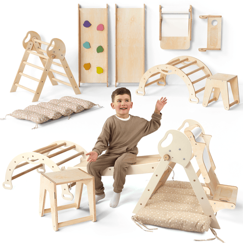 5-in-1 Montessori Kletterdreieck – Indoor & Outdoor Set für Babys & Kleinkinder mit Pikler-Dreieck, Bogen, Rutschbrett & Kissen | Goodevas®